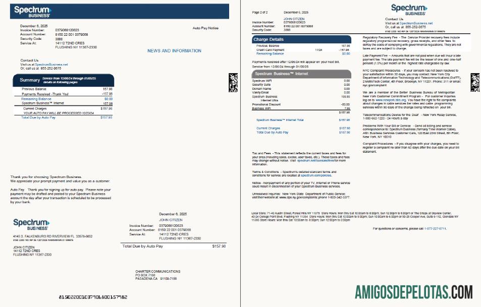 em branco Modelo de conta de serviços públicos do USA Spectrum em formatos Word e PDF, 2 páginas, versão 2